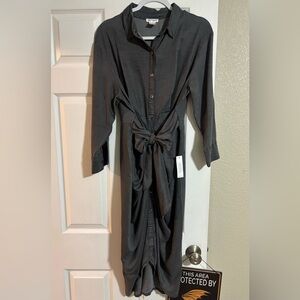 VENUS Charcoal Draped Button-Front Midi Dress with Tie Waist